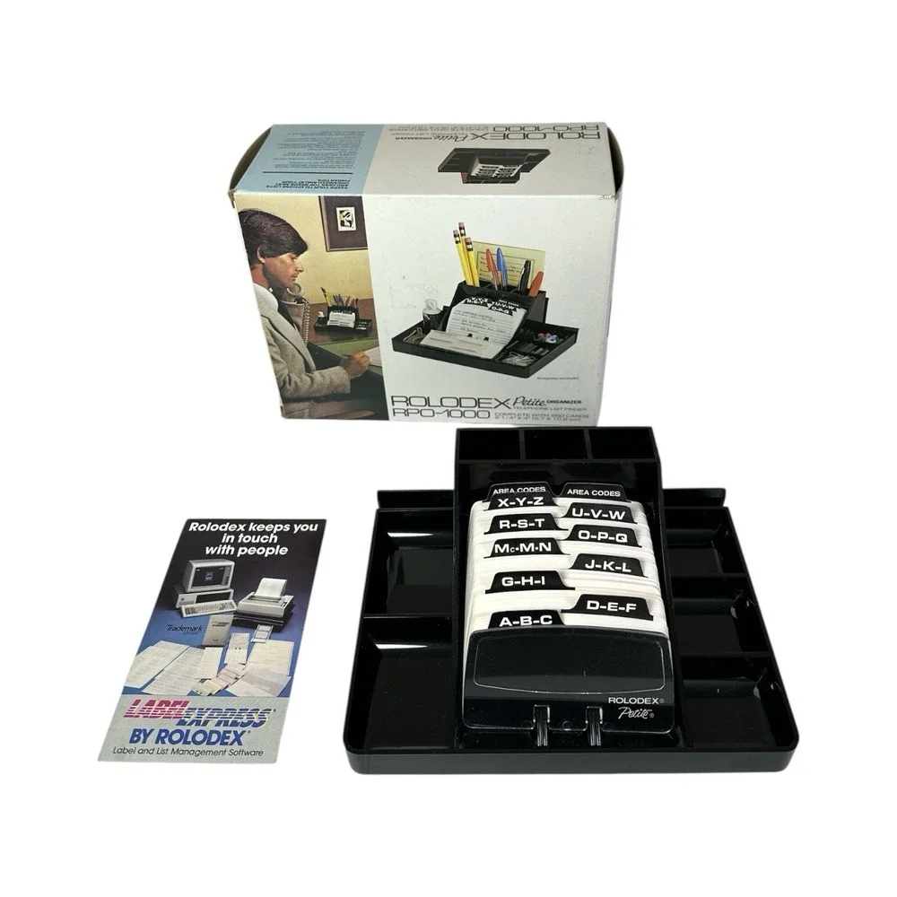 Vtg Rolodex Petite Desk Organizer RPD-1000 Black w/ Box Insert Open Box Pen